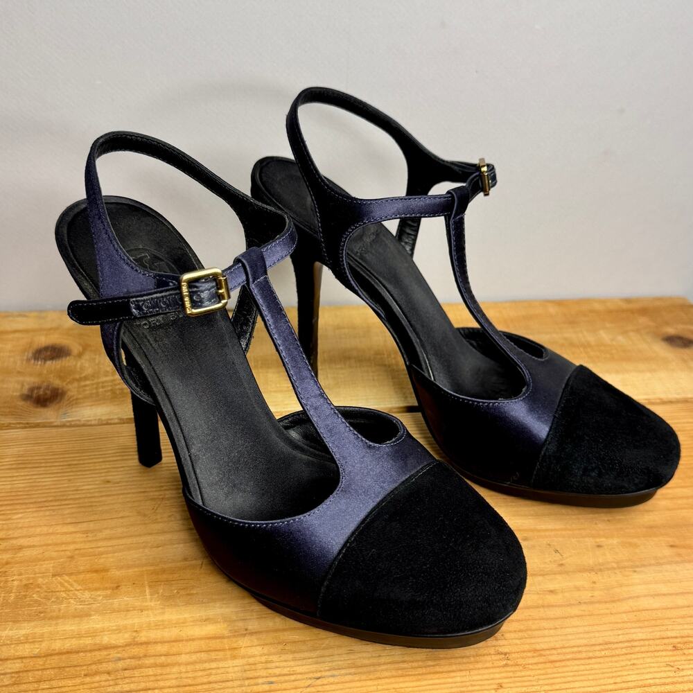 Tory Burch Mandy Women Blue Suede Satin Platform Stiletto Shoe Size 7.5
